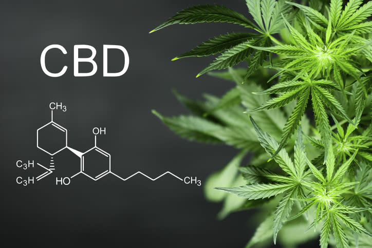 Cannabis plant on right; "CBD" with its chemical formula on left.