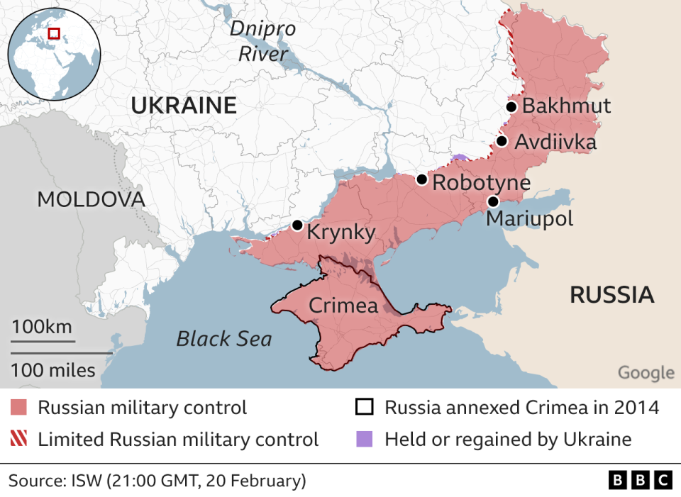 Map showing the front line and highlighting Avdiivka, Bakhmut, Robotyne and Krynky