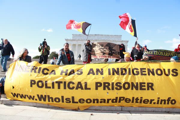 Supporters of Leonard Peltier gather in front of the Lincoln Memorial in Washington, D.C. for a rally on November 13, 2022 demanding Peltier's release from federal prison. (photo/Darren Thompson)