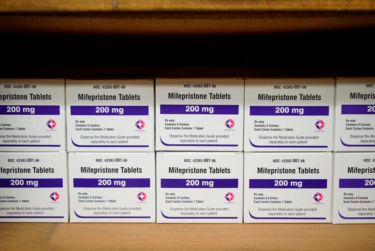 Boxes of the drug mifepristone line a shelf at the West Alabama Women's Center in Tuscaloosa, Ala.