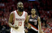 Houston Rockets' James Harden (13) reacts after being called for his sixth foul of the game against the Portland Trail Blazers during the fourth quarter in Game 2 of an opening-round NBA basketball playoff series Wednesday, April 23, 2014, in Houston. Portland won 112-105. (AP Photo/David J. Phillip)