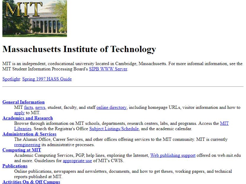 hyperlinks on the MIT website in 1996