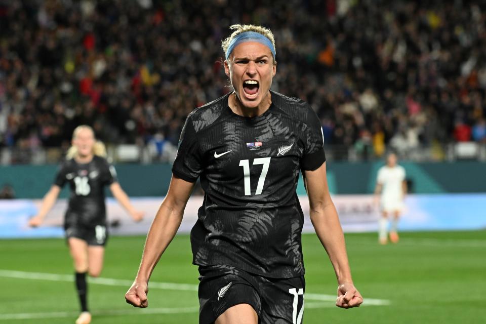 New Zealand's Hannah Wilkinson celebrates after scoring the opening goal during the World Cup against Norway.