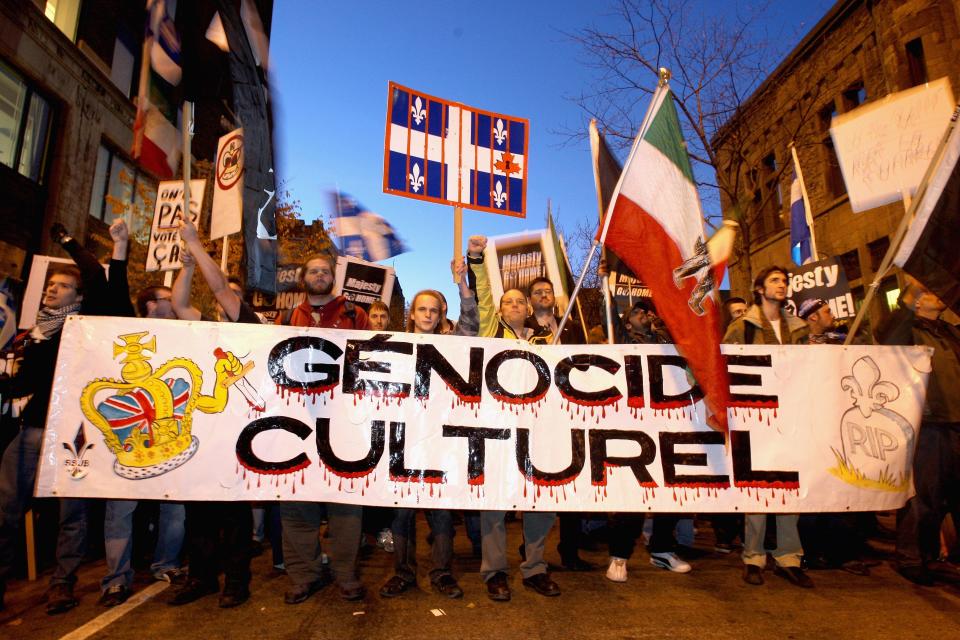 Anti-royal protesters demonstrate during Prince Charles and Camilla's visit to Quebec in 2009.