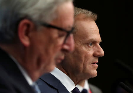 European Commission President Jean-Claude Juncker and European Council President Donald Tusk hold a news conference after an extraordinary European Union leaders summit to discuss Brexit, in Brussels, Belgium April 11, 2019. REUTERS/Yves Herman