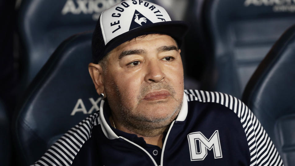 Football champion Diego Maradona, 60, has been hospitalised in Argentina but it is reportedly not related to the coronavirus. (Photo by ALEJANDRO PAGNI/AFP via Getty Images)