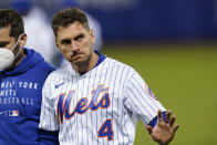 New York Mets' Albert Almora Jr. (4) gestures to fans after being injured during the eighth inning of the team's baseball game against the Baltimore Orioles on Tuesday, May 11, 2021, in New York. (AP Photo/Frank Franklin II)