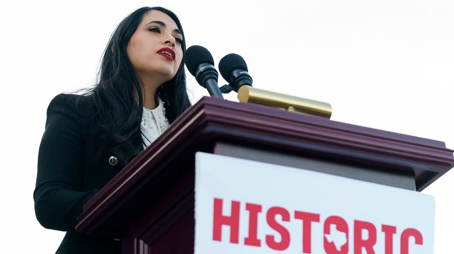 Rep. Mayra Flores (R-Texas) addresses reporters during a press event outside the Capitol Steps on Tuesday, June 21, 2022 after being sworn in. She’s the first Mexican-born member to serve in the House.