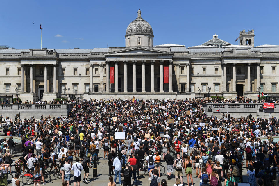 People gather in Trafalgar Square, London, to take part in a Black Lives Matter protest following the death of George Floyd in Minneapolis, US, this week which has seen a police officer charged with third-degree murder.