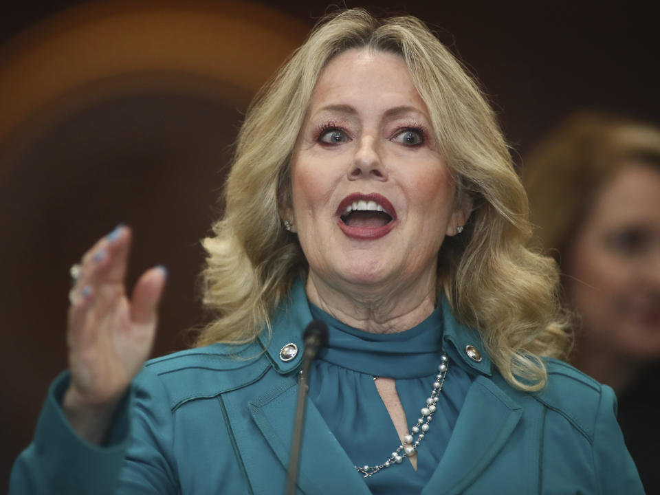 Florida Association of Managing Entities CEO Natalie Kelly speaks Wednesday, Feb. 8, 2023 during Florida Behavioral Health Day at the Capitol in Tallahassee, Fla. (AP Photo/Phil Sears)