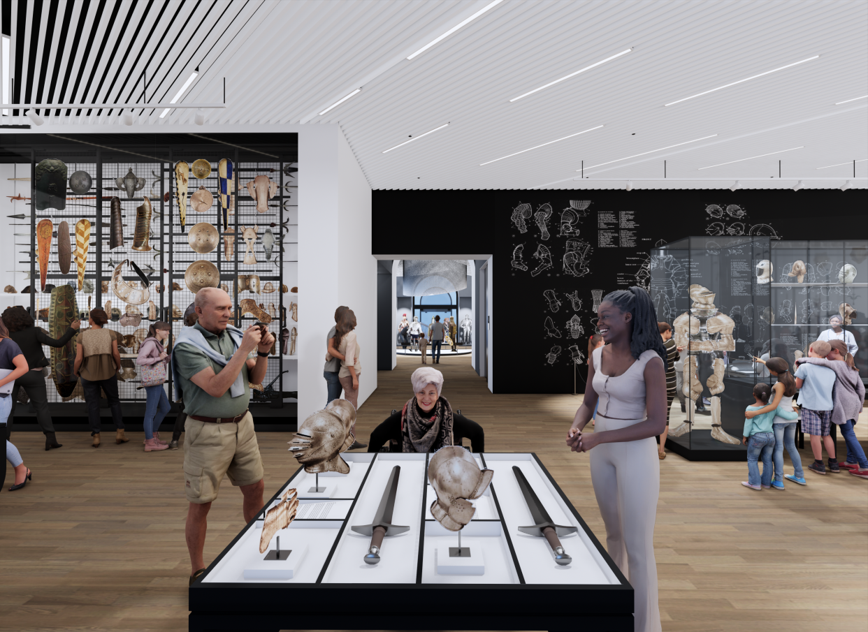 A rendering of the rear gallery of the proposed Arms and Armor Galleries, set to open in 2025 at the Worcester Art Museum.