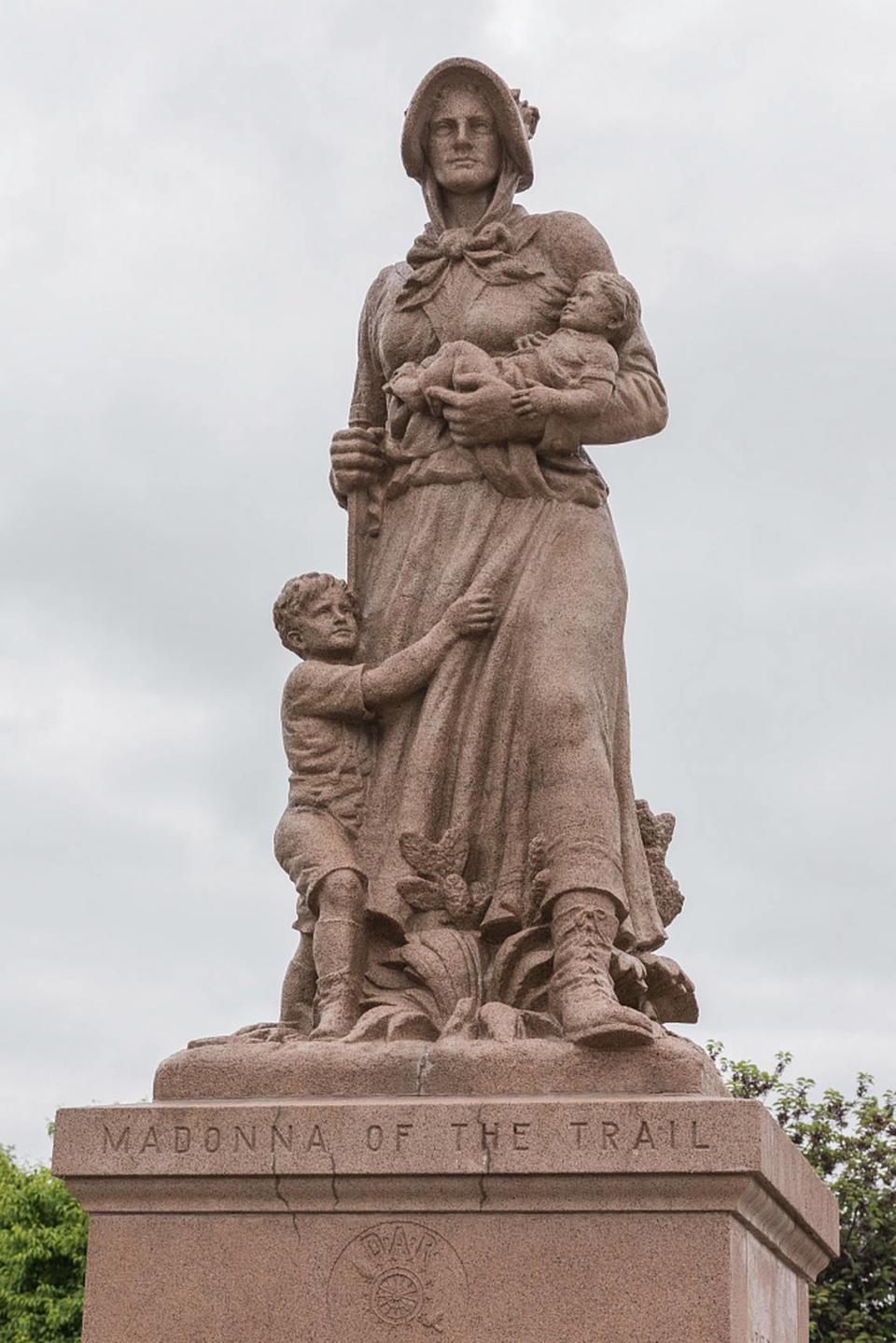 The Big Timers “Madonna of the Trail” in Lamar, the county seat of Prowers County, Colorado. It is one of 12 such monuments marking National Old Trails, from Bethesda, Maryland, to Upland, California. They were erected in the 1920s and 1930s by the Daughters of the American Revolution. This one, like the others created by by sculptor August Leimbach of St. Louis, Missouri, was crafted of a cast composite stone called “Aldonite.” It was dedicated in 1928. The area known as “Big Timbers” was a long belt of large cottonwoods, now part of Lamar.