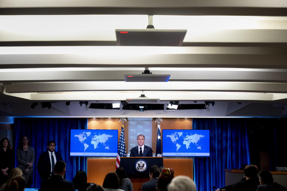 Secretary of State Antony Blinken speaks at a briefing on the 2022 Country Reports on Human Rights Practices at the State Department in Washington, Monday, March 20, 2023. (AP Photo/Andrew Harnik)