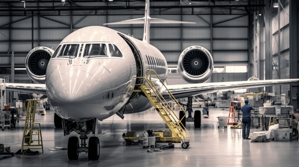 An aircraft maintenance team in a hanger working on a modern business jet.