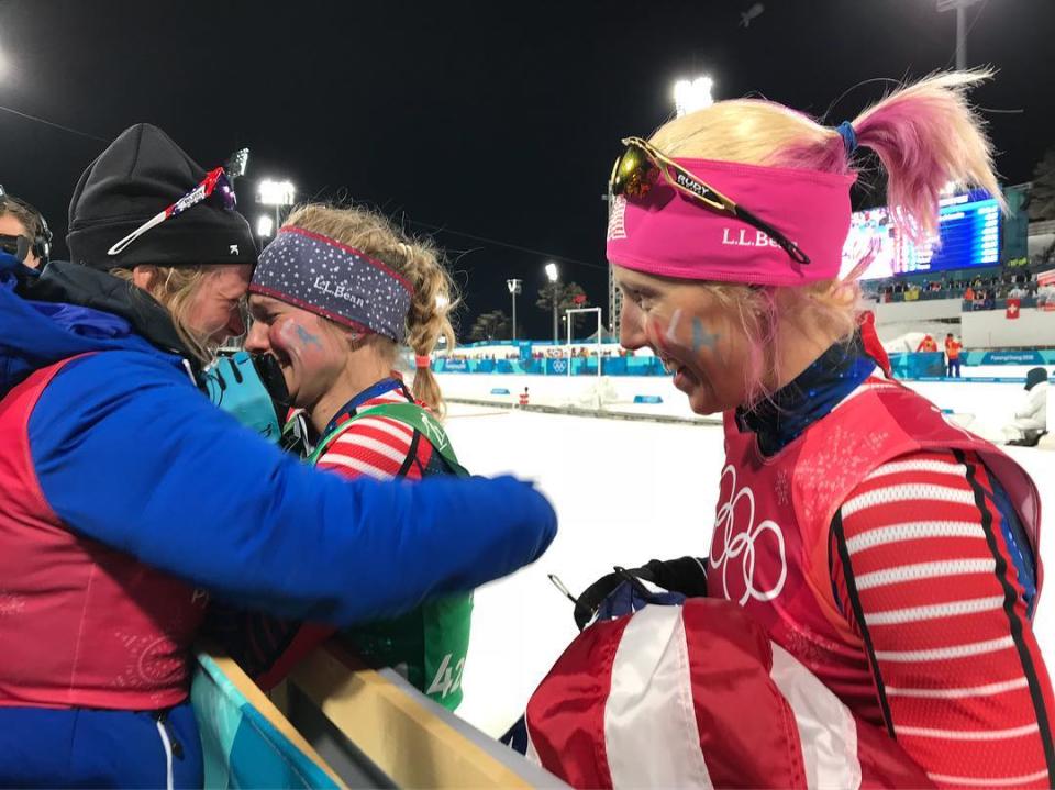 <p>caitlinmpatterson: GOLD!!!<br> Amazing skiing by some of the most inspiring women I know! @jessiediggins @kikkanimal Feeling lucky to be here witnessing the most historic day!! #Olympic #Gold #teamUSA<br> (Photo via Instagram/caitlinmpatterson) </p>