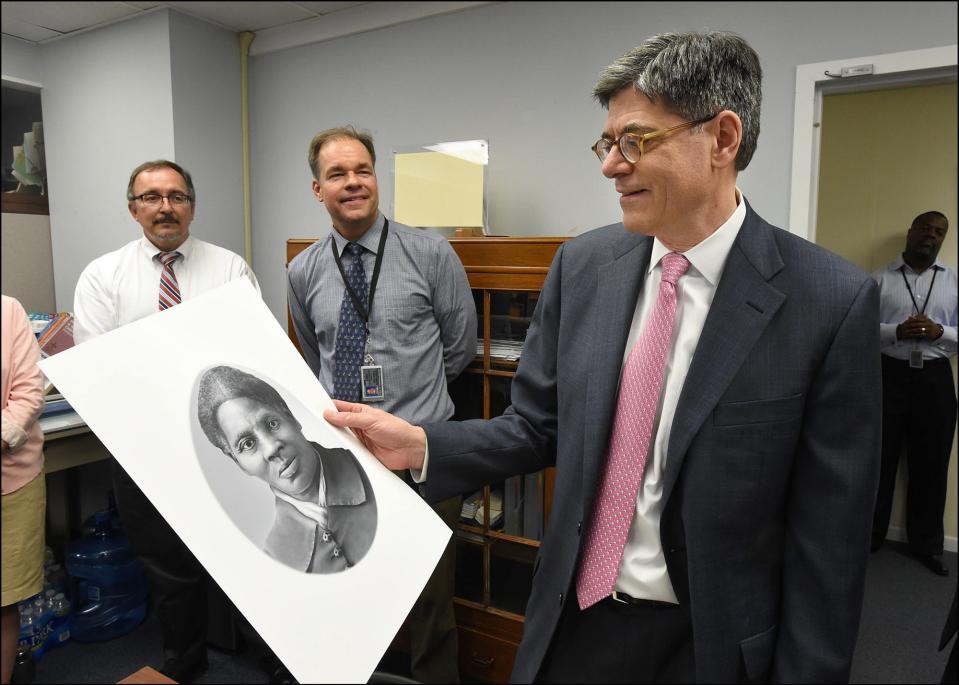 In this US Department of Treasury handout file photo taken on April 20, 2016, former Treasury Secretary Jacob Lew looks at a rendering of Harriet Tubman during a visit to the Bureau of Engraving and Printing in Washington, DC on April 21, 2016.