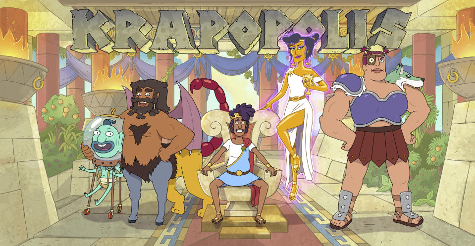 This image released by FOX shows promotional art for the new animated series "Krapopolis," debuting this fall. (FOX via AP)