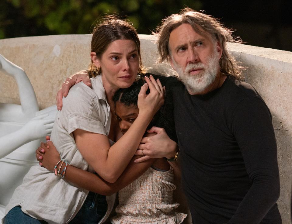 Ashley Greene, Thalia Campbell and Nicolas Cage in The Retirement Plan, from writer and director Tim Brown (Falling Forward Films)