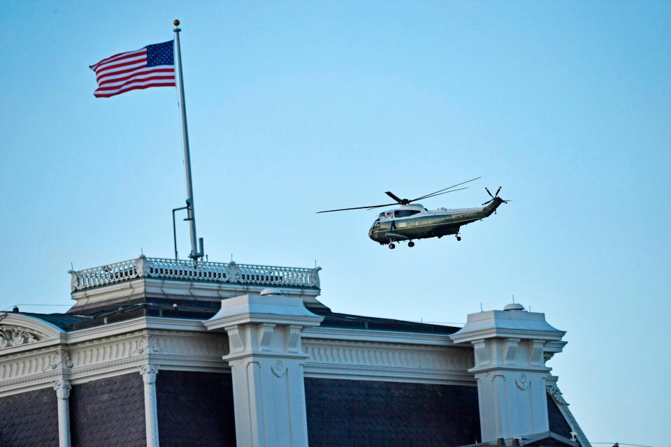 Marine One with President Donald Trump and First Lady Melania Trump aboard departs the White House in Washington, D.C., en route to Joint Base Andrews, Maryland on January 20, 2021.