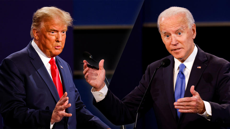 President Trump and Joe Biden during the final presidential debate in Nashville, Tenn., on Thursday. (Mike Segar/Reuters (2).