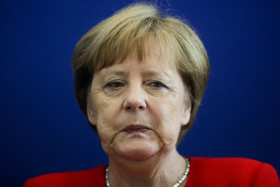 German Chancellor Angela Merkel attends a board meeting of the Christian Democratic Union, CDU, at the headquarters in Berlin, Monday, May 27, 2019. Germany's governing parties slid to their worst post-World War II showing in a nationwide election at the European Parliament elections yesterday. Merkel's center-right Union bloc drops down from 35.4 to 28.9 percents. (AP Photo/Markus Schreiber)