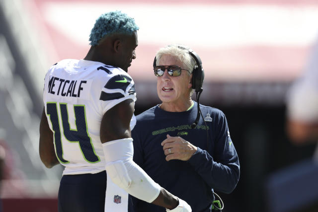 Seahawks wearing white tops, blue pants for Niners game today