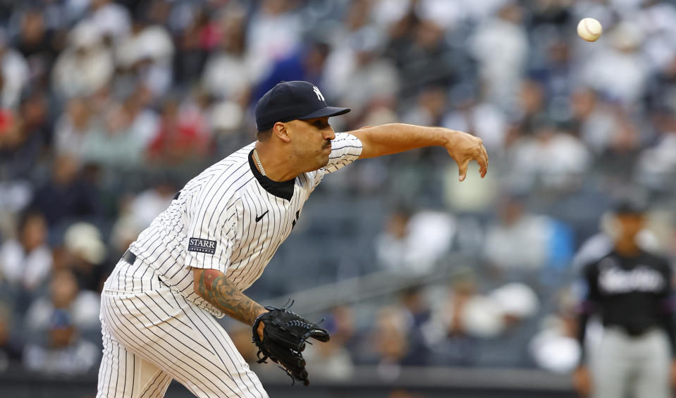 New York Yankees pitcher Nestor Cortes throws against the Miami Marlins during the first inning of a baseball game, Monday, April 8, 2024, in New York. (AP Photo/Noah K. Murray)