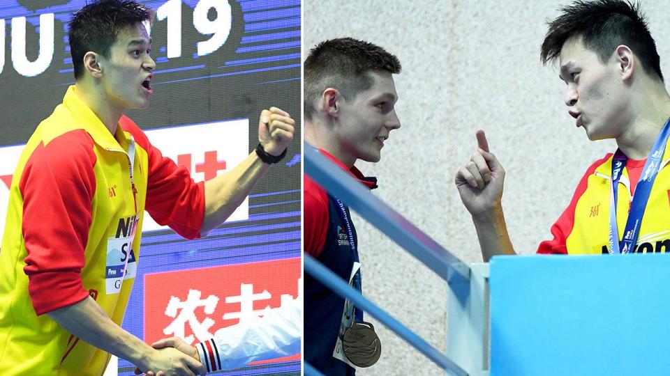 Sun Yang angrily confronted Duncan Scott after screaming in his direction. Pic: Getty