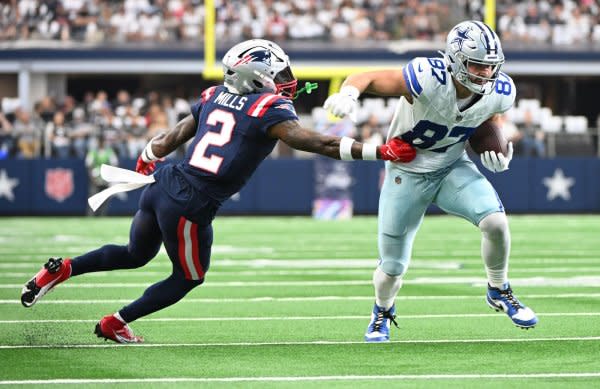 Tight end Jake Ferguson (R) and the Dallas Cowboys will battle the Carolina Panthers on Sunday in Charlotte, N.C. File Photo by Ian Halperin/UPI