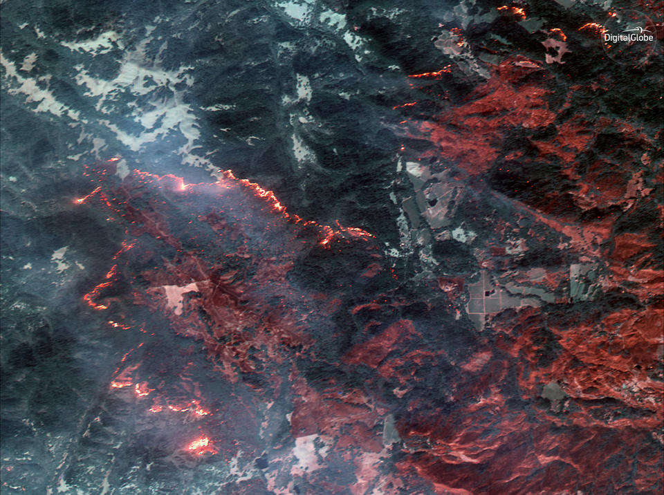 The fire line of the Santa Rosa wildfire can be seen in this infrared satellite image.