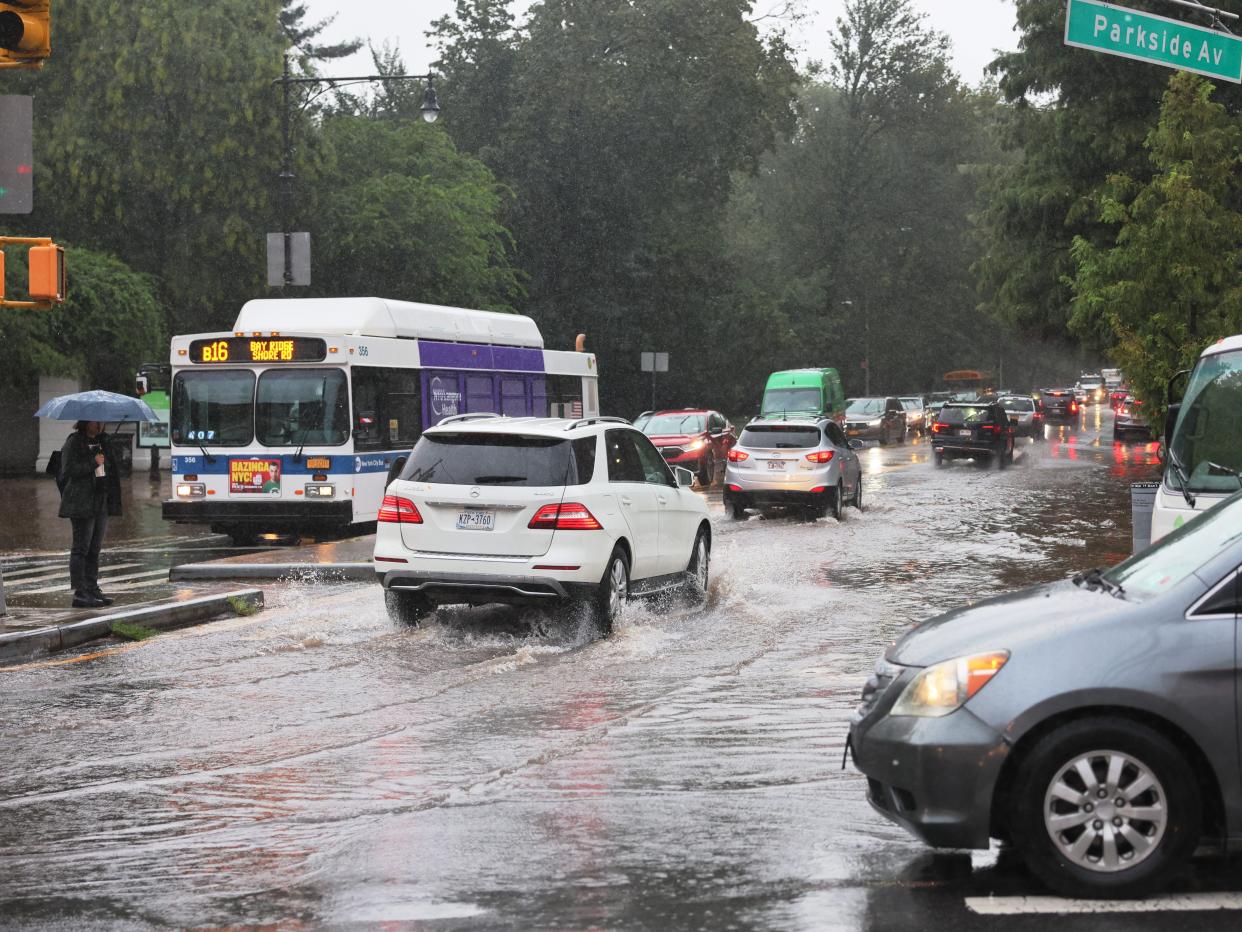Heavy rains left some New York streets and subway lines flooded.