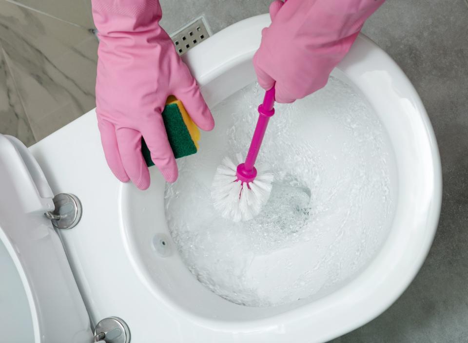 A toilet brush being used alongside a sponge.