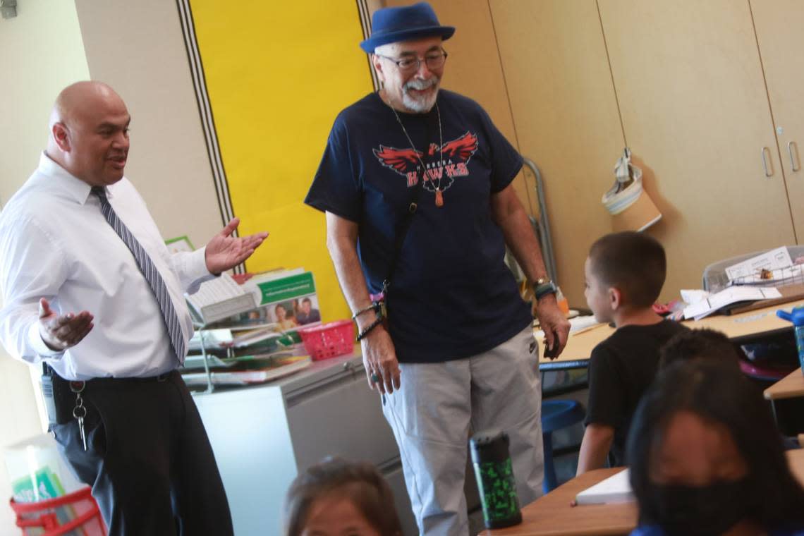 Juan Felipe Herrera visited one of the classrooms on the first day that Juan Felipe Herrera Elementary School opened its doors.