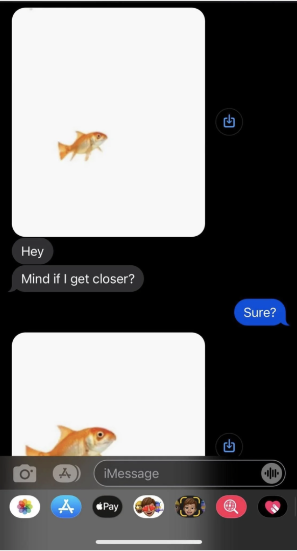 Screenshot of a humorous text conversation. The first message shows a small image of a goldfish, followed by, "Hey, Mind if I get closer?" The next message contains a larger image of the same goldfish, with the reply, "Sure?"