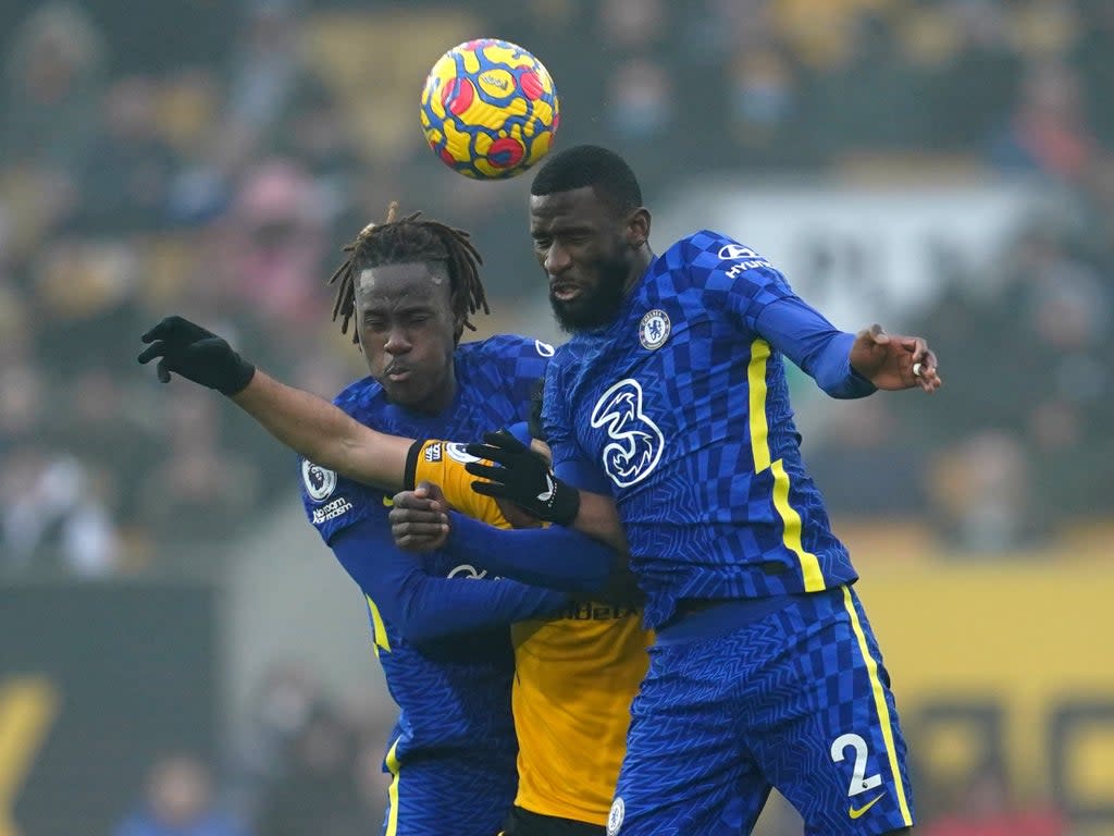 Toni Rudiger, right, challenges for the ball in Chelsea’s goalless draw at Wolves (Nick Potts/PA) (PA Wire)