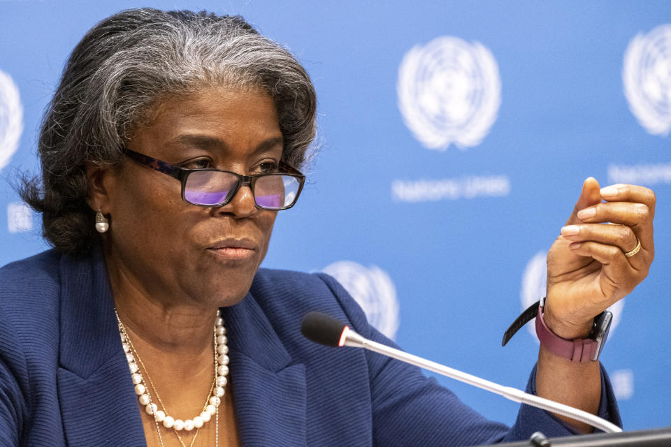 U.S. Ambassador to the United Nations, Linda Thomas-Greenfield speaks to reporters during a news conference, Monday, March 1, 2021, at United Nations headquarters. (AP Photo/Mary Altaffer)