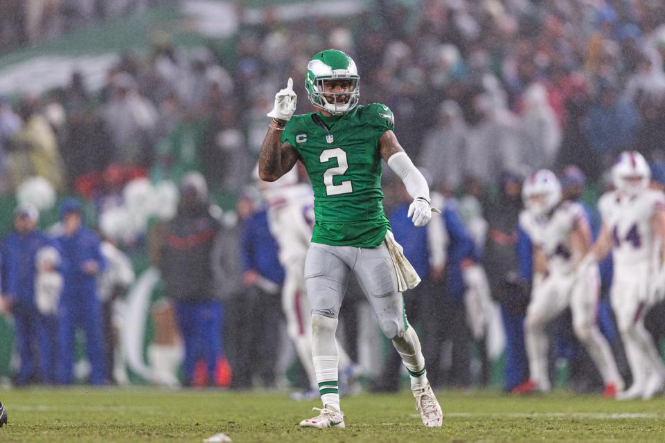 Nov 26, 2023; Philadelphia, Pennsylvania, USA; Philadelphia Eagles cornerback Darius Slay (2) reacts after breaking up a pass play against the Buffalo Bills during the second quarter at Lincoln Financial Field. Mandatory Credit: Bill Streicher-USA TODAY Sports