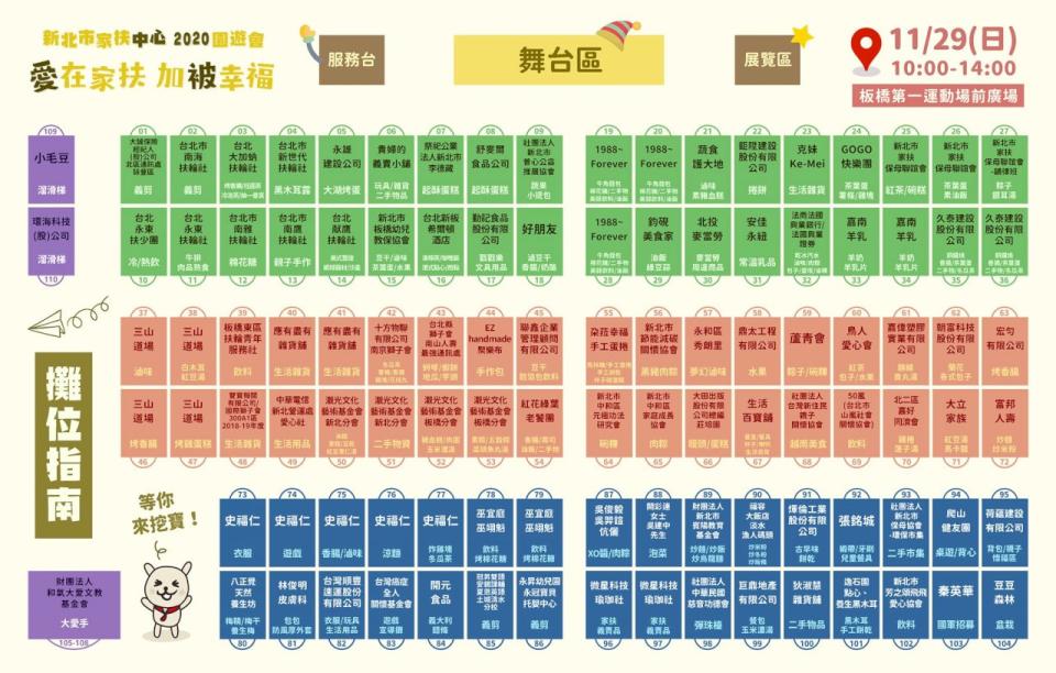 新北家扶29日舉辦歲末寒冬園遊會，現場有上百個攤位進駐，主辦單位還製作吃喝玩樂攤位攻略。(取自新北家扶臉書)