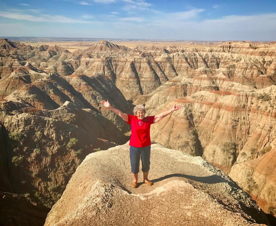 Grandma Joy is pictured in Badlands National Park in South Dakota in 2017.