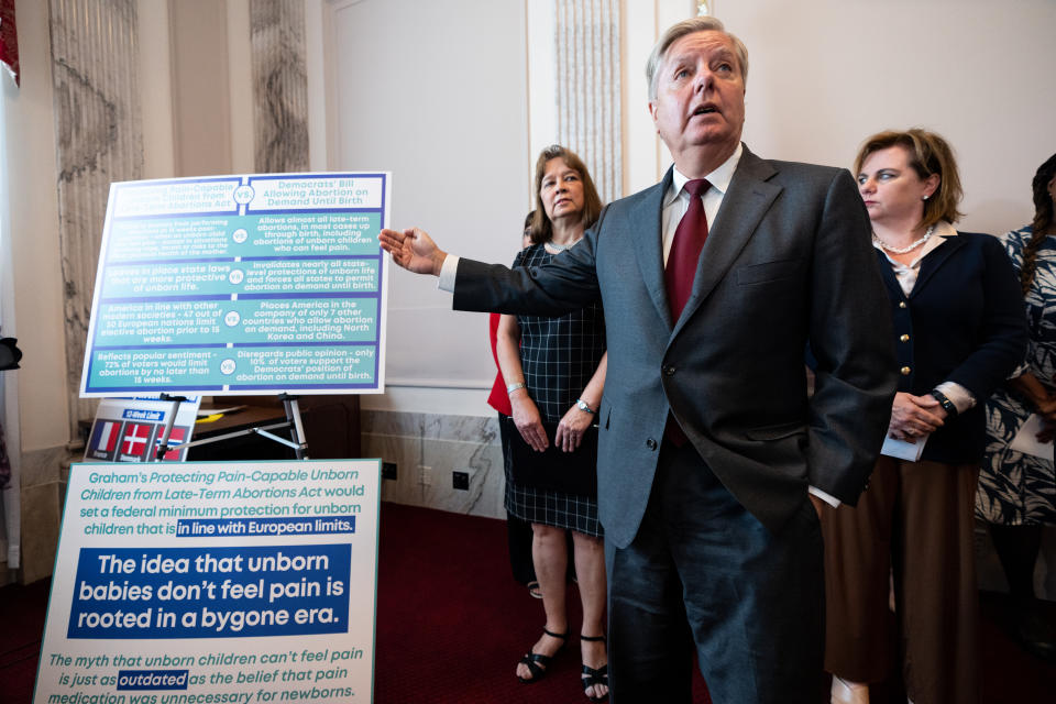 Sen. Lindsey Graham gestures toward placards explaining his abortion bill.