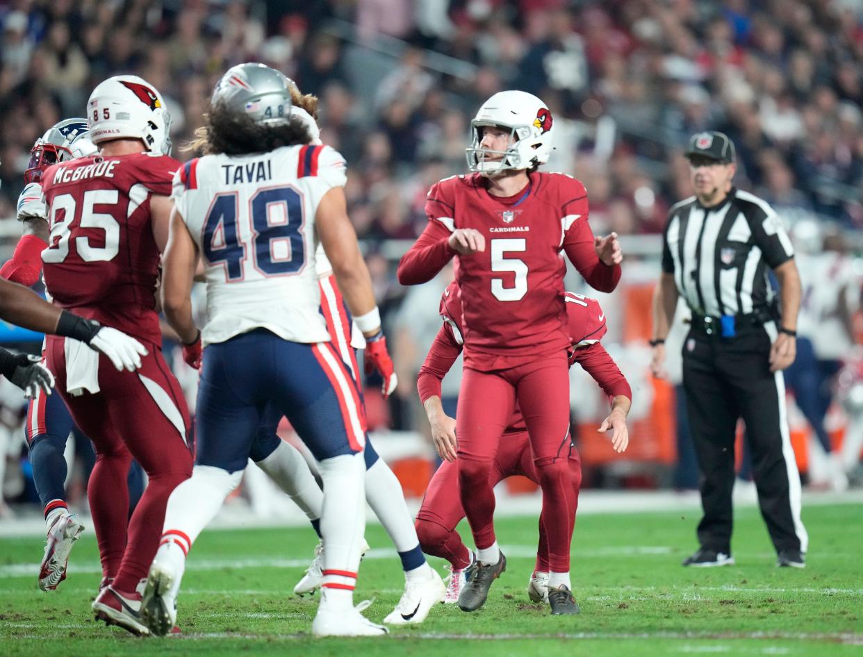 Dec 12, 2022; Glendale, Ariz., USA;  Arizona Cardinals place kicker Matt Prater (5) watches his successful field goal attempt against the New England Patriots during the second quarter at State Farm Stadium. Mandatory Credit: Michael Chow-Arizona Republic