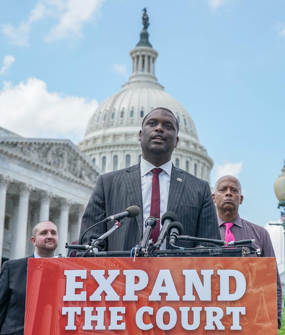 Rep. Mondaire Jones, D-N.Y., speaks at a press conference calling for the expansion of the Supreme Court on July 18.