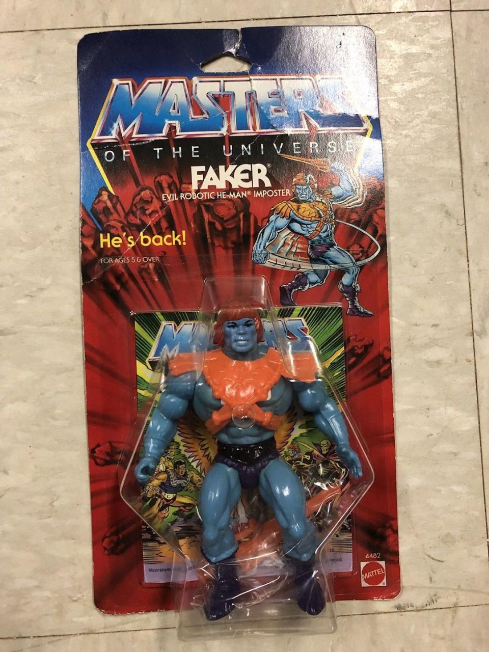 <p>His name might be Faker, but there is certainly nothing fake about his worth. Fans are willing to pay upwards of $300-$1,000 for <a href="https://www.ebay.com/itm/MOTU-Faker-Masters-of-the-Universe-He-Man-MISB-MOC-MOSC-Lot-4/132888432328?hash=item1ef0c48ec8:g:tIoAAOSwUn9aSaaV:rk:4:pf:0" rel="nofollow noopener" target="_blank" data-ylk="slk:an in-box version;elm:context_link;itc:0" class="link ">an in-box version</a> of the evil robotic imposter.</p>