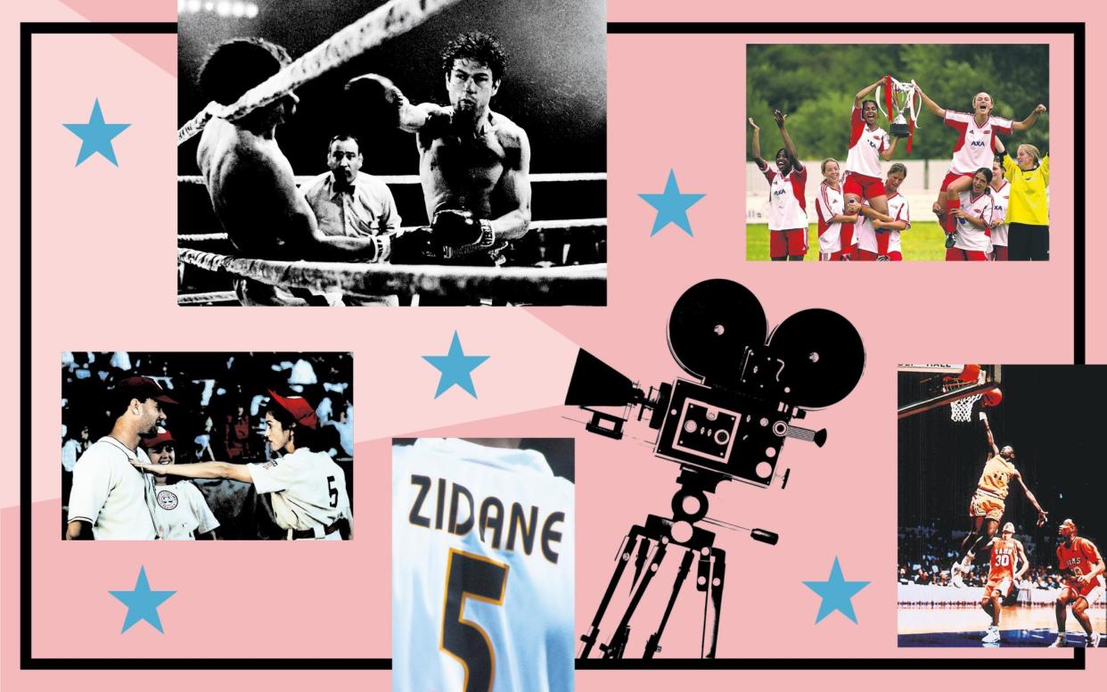 <span>Clockwise from left: Tom Hanks, Rosie O’Donnell and Madonna in A League of Their Own (1992), Robert De Niro in Raging Bull (1980), Bend It Like Beckham (2002), Hoop Dreams (1994), Zidane: A 21st Century Portrait (2006).</span><span>Composite: Observer Design/Columbia/Sportsphoto/Allstar; Alamy; Rex/Shutterstock; Prod.DB/Alamy</span>
