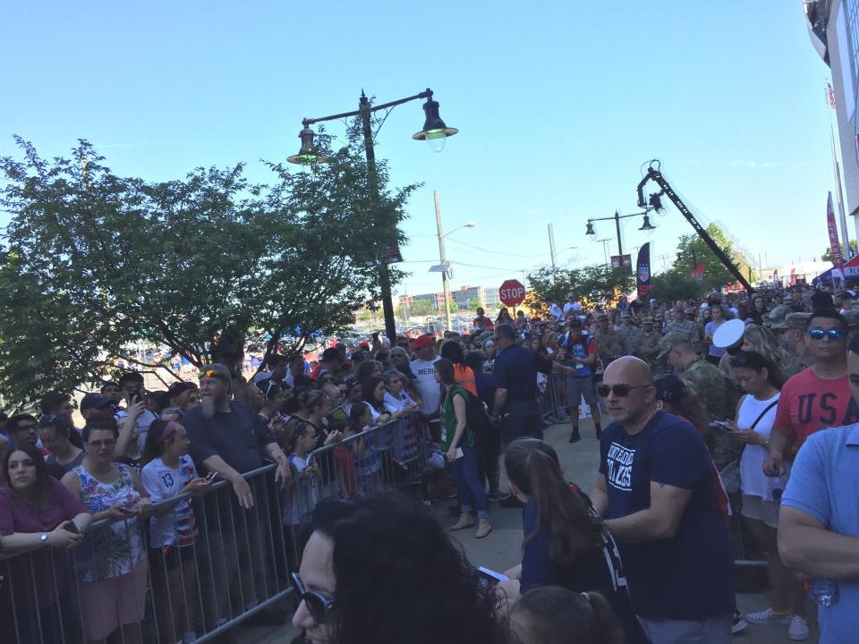 Outside Red Bull Arena before the USWNT's send-off match on May 26, a glimpse of how the current players are inspiring the next generation like the 99ers did. (Henry Bushnell/Yahoo Sports)