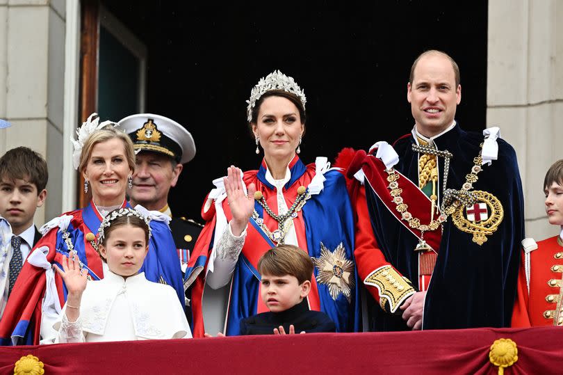 Kate on the Buckingham Palace balcony with 
Sophie Duchess of Edinburgh, Princess Charlotte of Wales, Prince Louis of Wales and Prince William for
The Coronation of King Charles III in May 2023