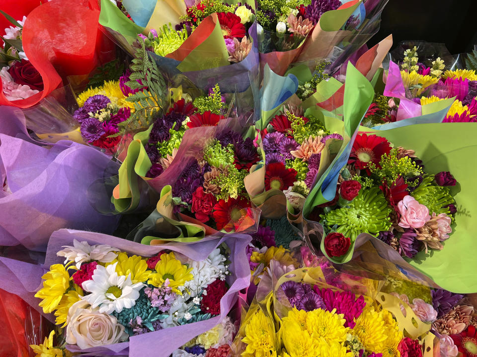 This Feb. 1, 2023, photo provided by Jessica Damiano shows bouquets of mixed flowers for sale in Old Brookville, NY. (Jessica Damiano via AP)