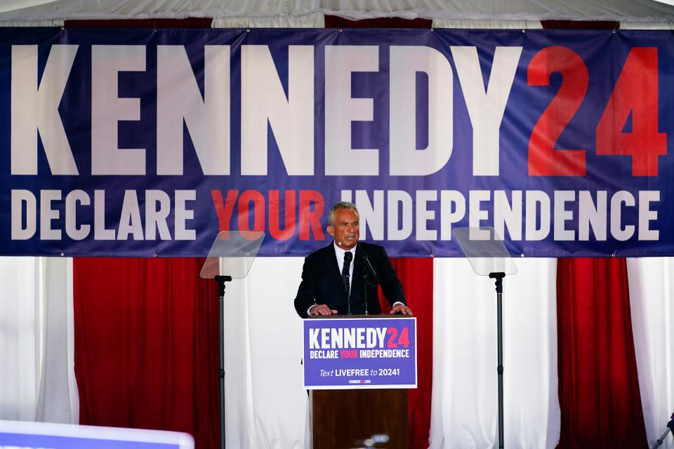 Presidential candidate Robert F. Kennedy, Jr. speaks during a campaign event at Independence Mall, Monday, Oct. 9, 2023, in Philadelphia. (AP Photo/Matt Rourke)