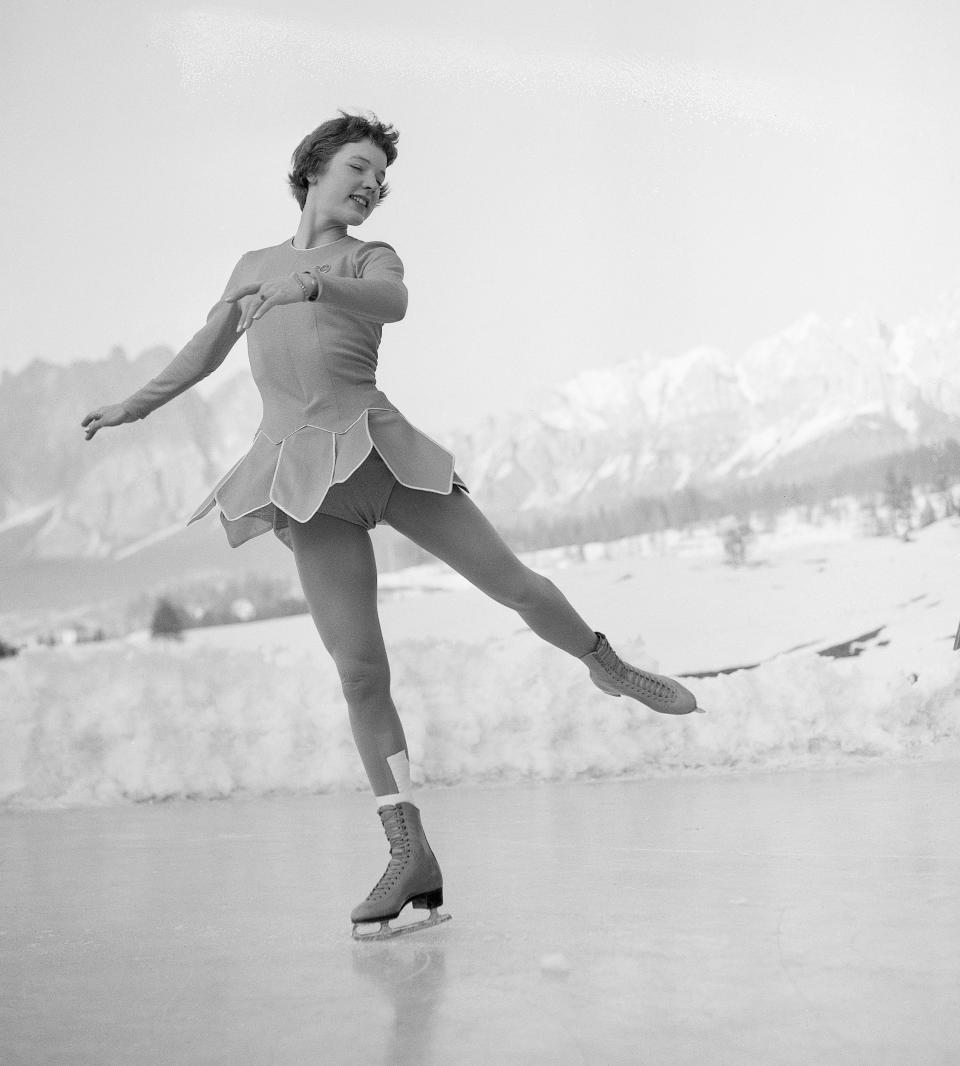 Albright of the United States displaying her grace and technique during&nbsp;her free skating&nbsp;program at the&nbsp;1956 Winter Olympics.