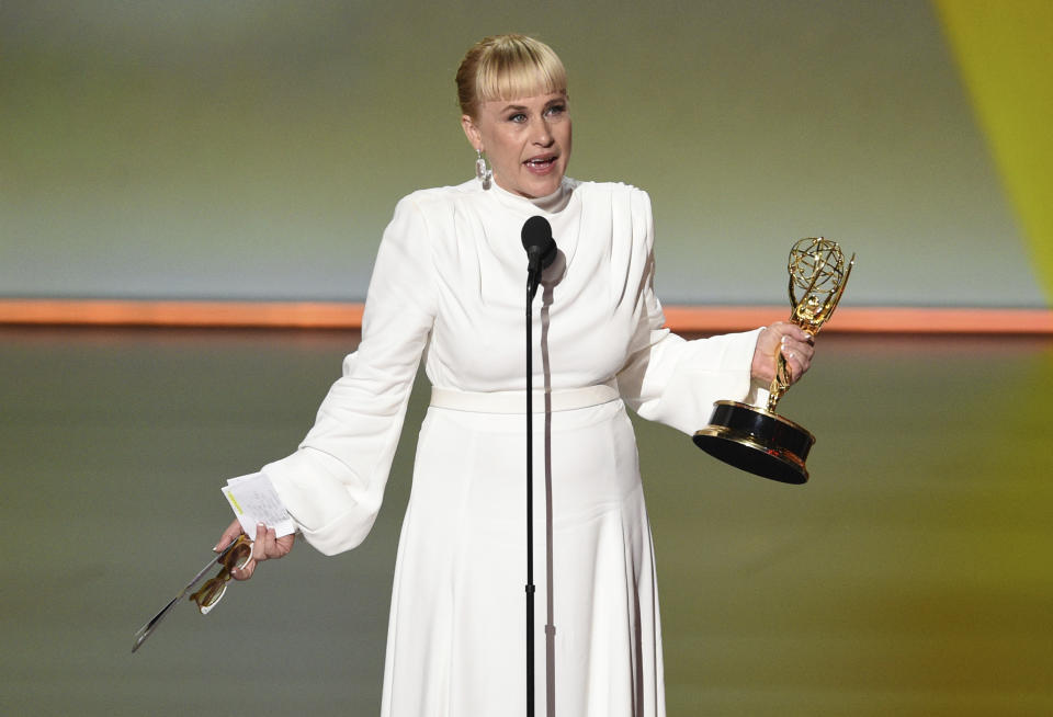 Patricia Arquette accepts the award for outstanding supporting actress in a limited series or movie for "The Act" at the 71st Primetime Emmy Awards on Sunday, Sept. 22, 2019, at the Microsoft Theater in Los Angeles. (Photo by Chris Pizzello/Invision/AP)